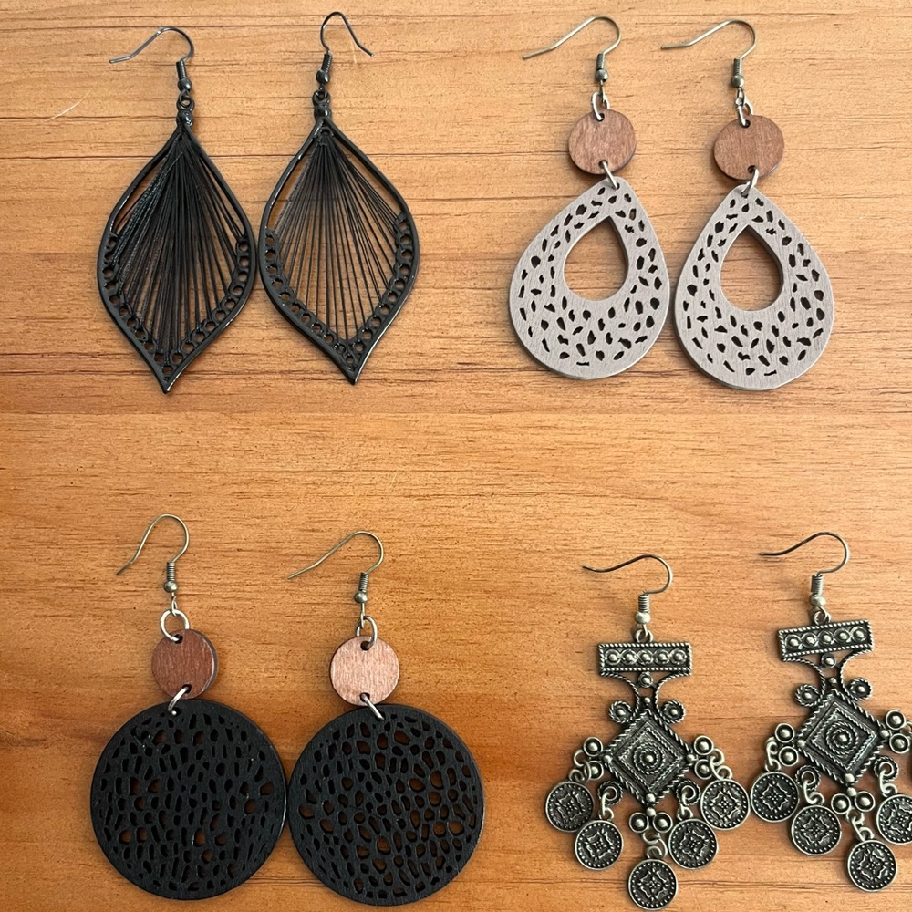 BOGO Bundle of Boho Dangly Earrings in Wood Metal and String Brown Black Gold